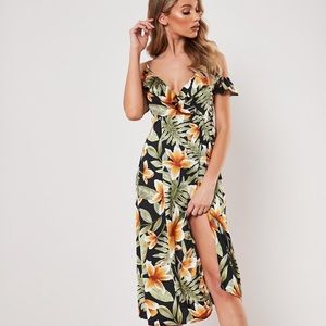 Missguided Black Floral Cold Shoulder Midi Dress